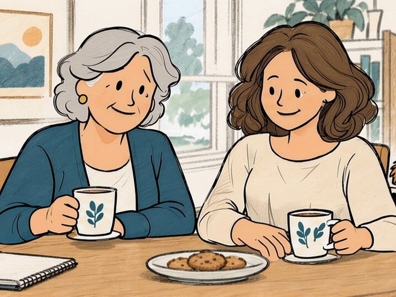An older woman and her grown daughter having tea at the kitchen table, their dog beside them
